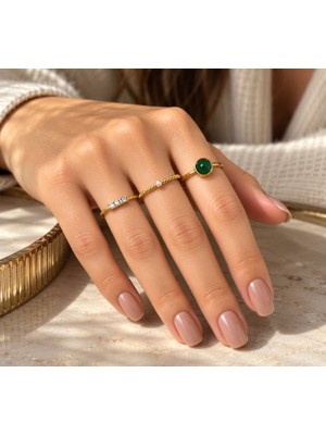 Ayen Accessories Çelik Yüzük Seti Kadın Gold 3 Lü Yeşil Taşlı Inci Detaylı Şık Takı Aksesuar 17 mm