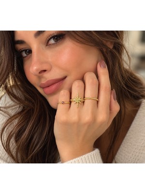 Ayen Accessories Kadın Çelik Yüzük Seti Gold Yıldız Figürlü 3 Lü Yüzük Seti 17 mm Şık Zarif Tasarım