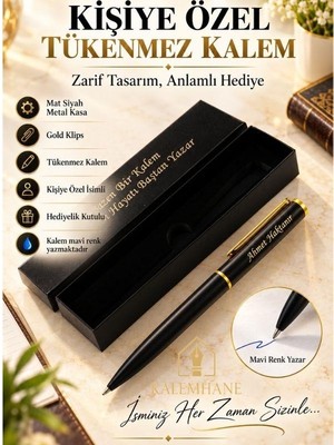 Kalemhane Kişiye Özel Mat Siyah Gold Klips Tükenmez Kalem – Hediyelik Kutulu