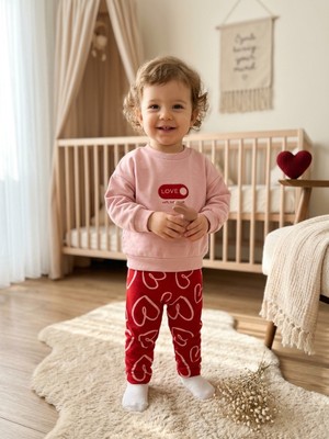 Bambik Pamuklu Kalp Desenli Kız Bebek Sweatshirt Pantolon Takımı