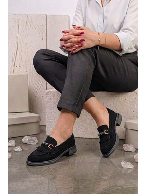 Stilbagshoes Arden Ön Boncuk Taş Detaylı Kadın Günlük Ayakkabı Süet Siyah