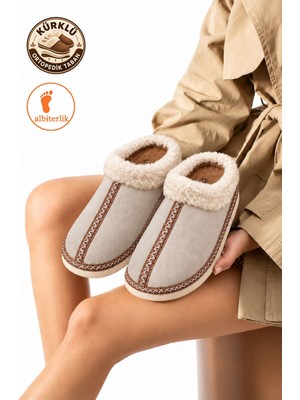 Albishoes Kadın Ortopedik Taban Kürklü Kışlık Kapalı Dışarı Ev Terlik Sıcak Kürklü Günlük Ev Terlik