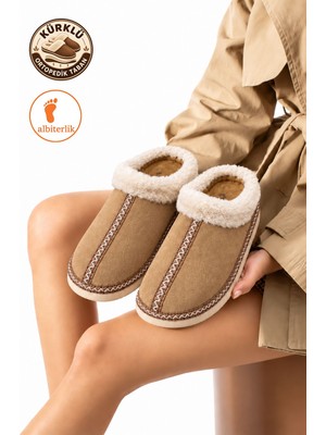 Albishoes Kadın Ortopedik Taban Kürklü Kışlık Kapalı Dışarı Ev Terlik Sıcak Kürklü Günlük Ev Terlik