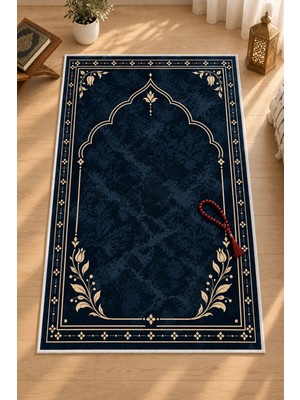 Liriya Dijital Baskı Tok Taban Yumuşak Lacivert Kaymaz Taban Seccade Namazlık 70X110