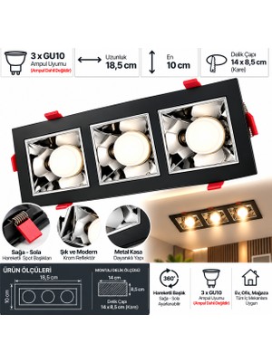 Cata CT-5087 Jaguar 3’lü Kare Spot Siyah Krom 3XGU10 Hareketli Sıva Altı Spot (Ampul Dahil Değildir)