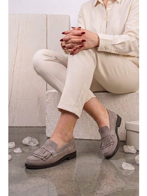 Stilbagshoes Loren Hakiki Deri Püskül Detaylı Kadın Günlük Ayakkabı Vizon