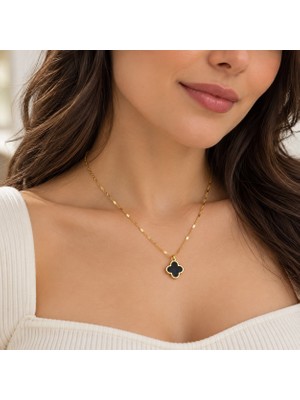 Ayen Accessories Kadın Çelik Siyah Yonca Kolye Altın Renk Dört Yapraklı Yonca Figürlü Zarif Kolye