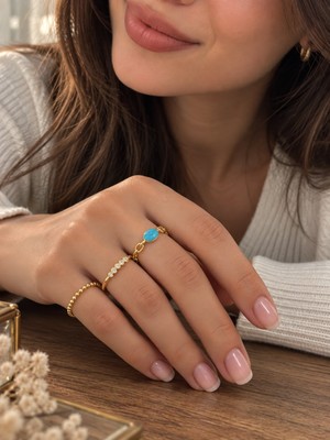 Ayen Accessories Çelik Kadın Yüzük 3’lü Set 17 mm Turkuaz Taşlı Zincir Detaylı Gold Yüzük