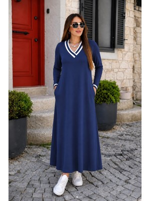 Kadın Uzun Kollu V Yakalı Cepli Uzun Viskon Iki Iplik Elbise