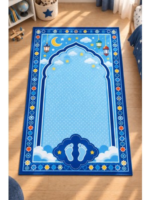 Liriya Dijital Baskı Tok Taban Yumuşak Mavi Kaymaz Taban Seccade Namazlık 70X110