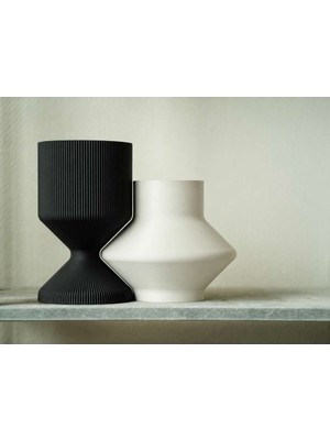 Bin1çeşit 3D Baskı Modern Dekoratif Ikili Vazo Seti - Minimalist Çizgili Çiçek Vazosu-Siyah-Beyaz