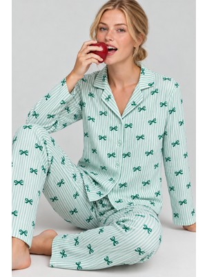 Fit Women Kadın Kurdela Desenli Bol Yeşil Pijama Takımı 4799