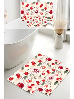 Liriya Dijital Baskı Yaz Temalı Kiraz Desenli Modern 2'li Set Banyo Paspası Banyo Halısı (60X100 40X60)