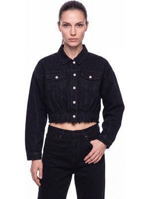 Machinist Kadın Crop Oversize Yıpratmalı Jean Ceket Siyah