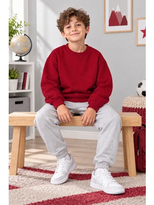 Pamuk Saray Çocuk Kazak Unisex – %100 Pamuk 3 Iplik, Yumuşak Dokulu, Kalın ve Sıcak Tutan Kışlık Sweatshirt Kırmızı