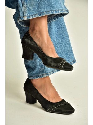Fox Shoes Z820054104 Siyah Kumaş Kalın Topuklu Kadın Ayakkabı