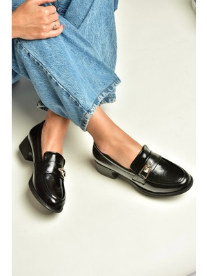 Fox Shoes Z820106460 Siyah Rustik Kalın Topuklu Loafer Ayakkabı