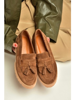 Fox Shoes Z944014461 Taba Süet Kalın Tabanlı Püsküllü Loafer Ayakkabı