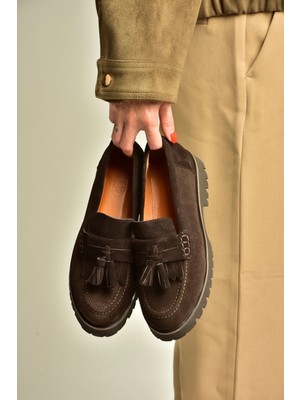 Fox Shoes Z944014461 Kahverengi Süet Kalın Tabanlı Püsküllü Loafer Ayakkabı