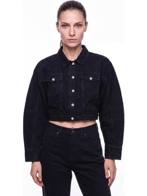 Machinist Kadın Crop Oversize Jean Ceket Siyah