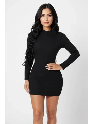 Ayessa Kadın Siyah Kaşkorse Balıkçı Yaka Uzun Kollu Bodycon Mini Elbise