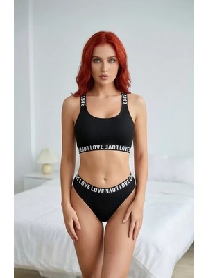 Ayessa Kadın Siyah Çapraz Sırt ve Love Lastik Detaylı Sütyen Külot Takım
