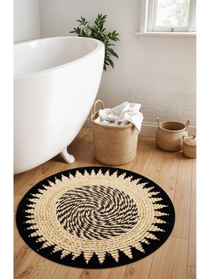 Noble Halı Dijital Baskı Yuvarlak Hasır Güneş Dönencesi Etnik Desenli Modern Banyo Halısı Banyo Paspası (80X80)