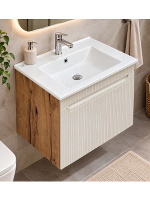 Turkuaz Lavabolu 65 cm Banyo Dolabı – Duvara Asma Modern Çizgili Membran Kapaklı