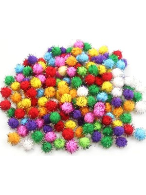 Hobialem Simli Ponpon, 10 Mm, Renkli Peluş Ponpon, 100 Adet, Minik Ponpon