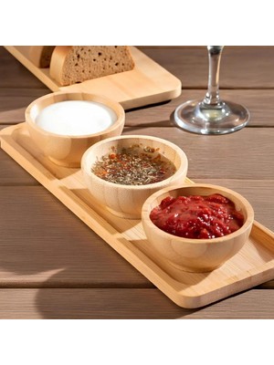Doğal Bambu Standlı 3'lü Yuvarlak Sosluk ve Çerezlik Seti (20X6,5 Cm) - Kahvaltılık Ikramlık