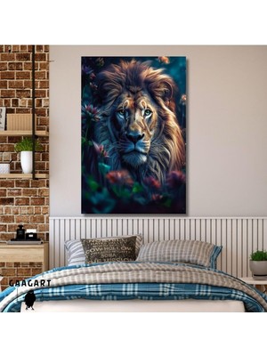 Tekli Dikey Kanvas Duvar Tablosu Çiçekli Yakın Aslan Portresi, 40 x 60