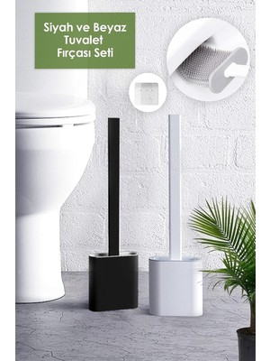 Tr 2li Set Beyaz ve Siyah Renk Silikon Tuvalet Fırçası Set Bükülebilir Pratik Silikon Wc Klozet