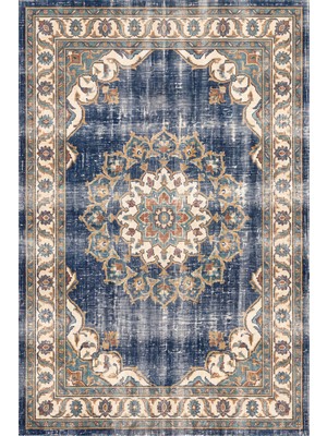 Rugzella Eskitme Lacivert Vintage Madalyon Desenli Krem Altın Pas Tonlu Kısa Havlı Yıkanabilir Halı
