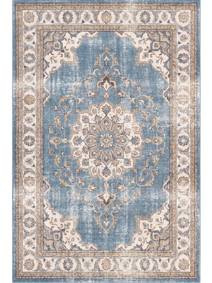 Rugzella Mellite Soluk Mavi Krem Vintage Soyut Fırça Desenli Eskitme Kaymaz Taban Yıkanabilir Yolluk