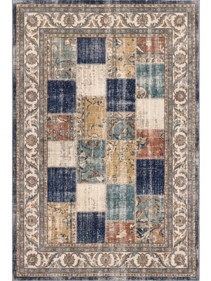 Rugzella Olivine Vintage Patchwork Yıpranmış Lacivert Krem Altın Pas Desen Antre Yıkanabilir Yolluk