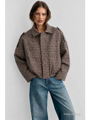 Madmext Vizon Ekose Desenli Oversize Kadın Bomber Ceket MG2920