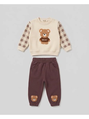 Popolin 2'li Erkek Bebek Bear Nakışlı Pamuklu 3 Ip Şardonlu Bebek Takım 6-9-9-12 12-18-24 Ay Alt Üst 2'li Yenidoğan Bebek Takımı Kışlık Takım