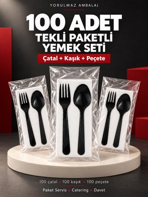 Yorulmaz Ambalaj 100 Adet Tekli Paketli Siyah Çatal Kaşık Peçete Yemek Seti – Kullan At Paket Servis ve Catering Seti