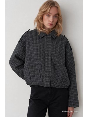 Madmext Antrasit Ekose Desenli Oversize Kadın Bomber Ceket MG2920