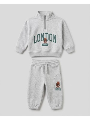 Popolin 2'li Erkek Bebek London Bear Baskılı %100 Pamuklu Şardonlu Bebek Takım 6-9,9-12,12-18,18-24 Ay Alt Üst 2'li Yenidoğan Bebek Takımı 3 Ip Şardonlu Kışlık Erkek Bebek Takım