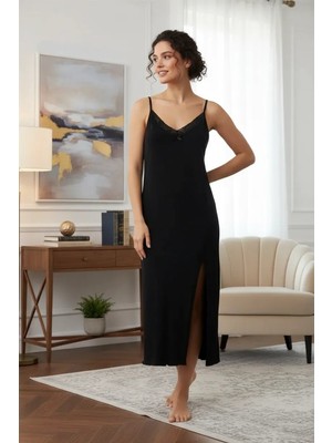 Kadın Ip Askılı Uzun Gecelik Siyah Mery Woman