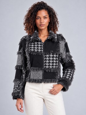 Bold & Young Kadın Siyah Gri Patchwork Desenli Yün Karışımlı Fermuarlı Ceket