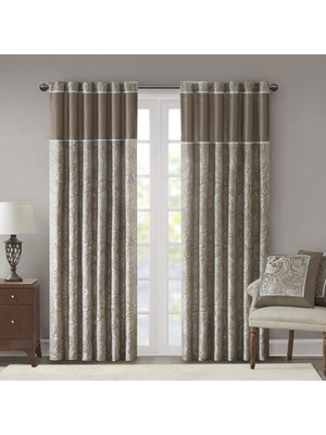 Str Store Aubrey Suni Ipek Şal Desenli Jakarlı, Oturma Odası, Mutfak, Yatak Odası ve Yatakhane Için Çubuk Cep Perdesi, 127 cm x 213 Cm, Boz Kahverengi/mavi