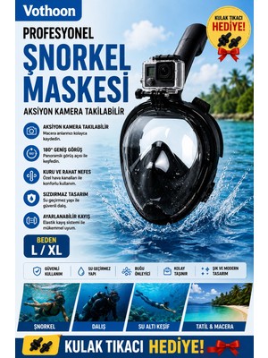 Gees Global Profesyonel Tam Yüz Şnorkel Maskesi Dalış Maskesi Kulak Tıkacı Hedıye L/xl Siyah