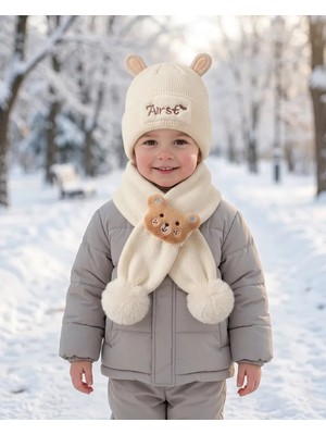 Recos 2-8 Yaş Unisex Çift Ponponlu Ayıcıklı Atkı Bere Set Kulaklı Örme Kışlık Atkı Bere Seti
