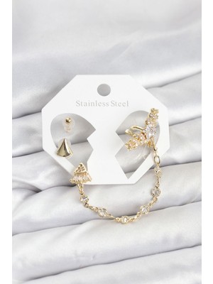 Bin1çeşit Pirinç Renk Yıldızlı Model Zincir Bağlantılı Ear Cuff Küpe Seti
