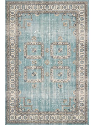 Rugzella Soluk Su Yeşili Lacivert Vintage Eskitme Iran Desenli Kaymaz Taban Salon Yıkanabilir Halı