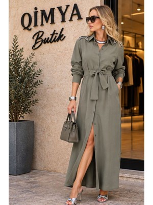 Qimya Butik Buketli Kadın Oversize Kuşak Ayarlı Omzu Yıldız Taşlı Uzun Kollu Uzun Gömlek Elbise