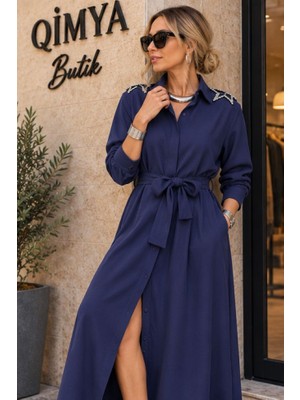 Qimya Butik Buketli Kadın Oversize Kuşak Ayarlı Omzu Yıldız Taşlı Uzun Kollu Uzun Gömlek Elbise