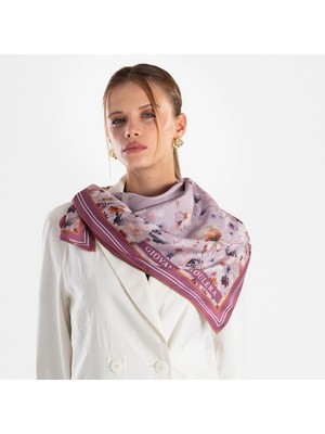 Lila Renkli Çiçek Desenli Twill Ipek Eşarp